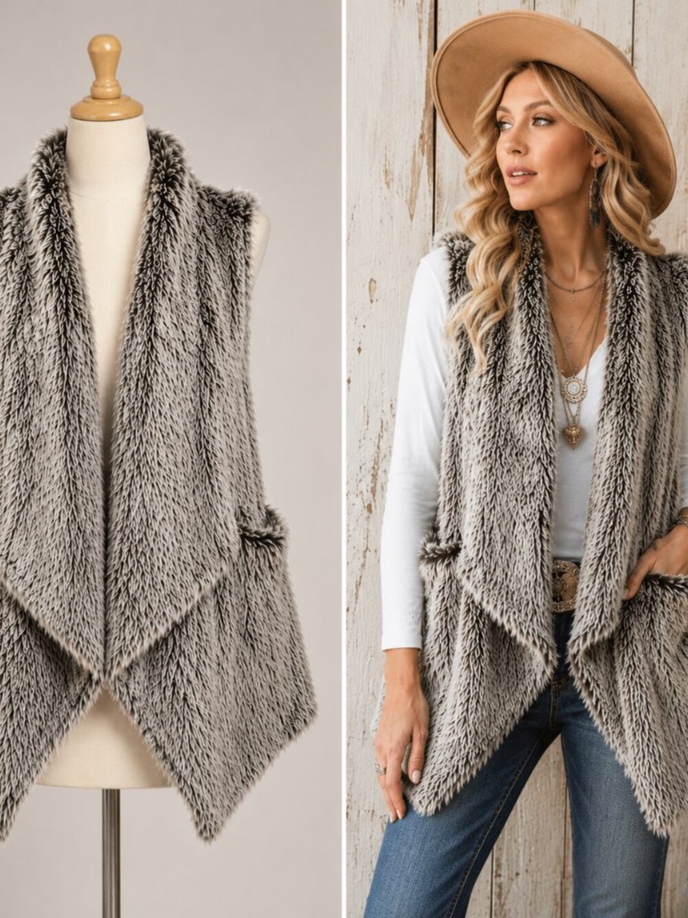 Boho Faux Fur Vest Size Medium Draped Cozy Pockets Layering Western Shabby Chic